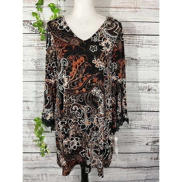 Nina Leonard Tunic Dress sz Small Black Brown Paisley Lace Boho Wedding Dinner - Picture 1 of 13